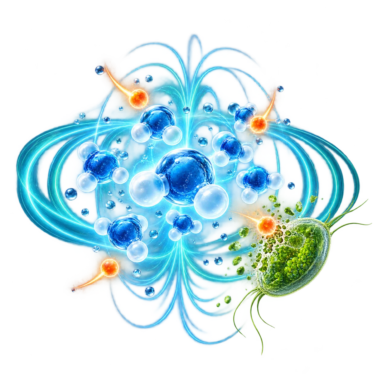 水分子と藻類に電磁場が作用する様子の概念図